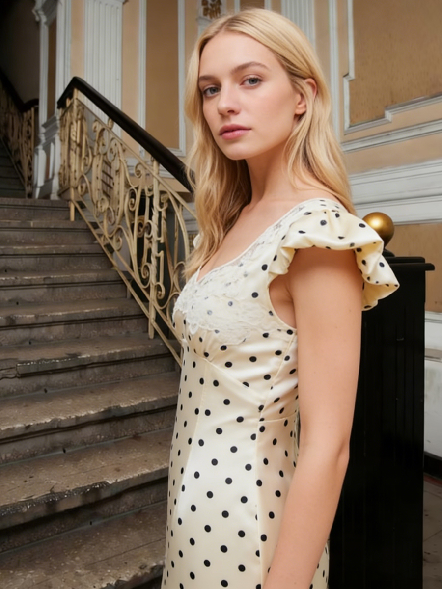 Ruffle Sleeve Lace Panel Polka Dot Satin Bodycon Midi Formal Wedding Guest Dress