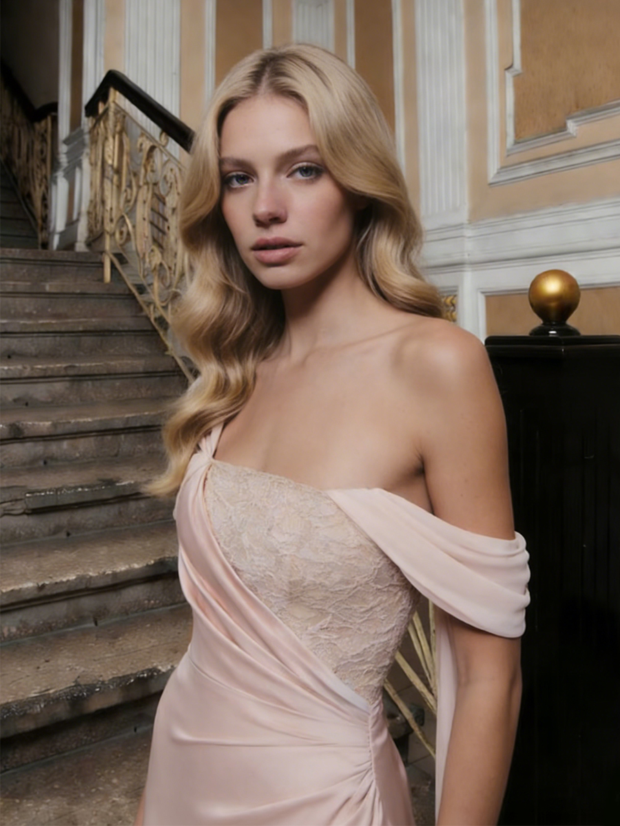 Elegant One-Shoulder Drape Lace Panel Satin Train Gown for Gala Party Wedding