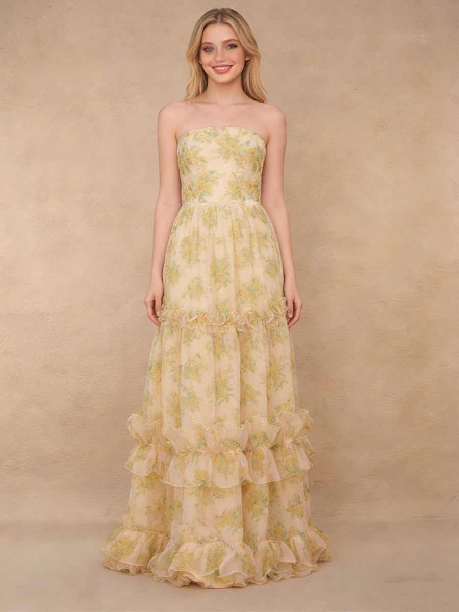 A-Line Strapless Floral Tulle Floor-Length Dress with Tiered Ruffled for Wedding Guest 