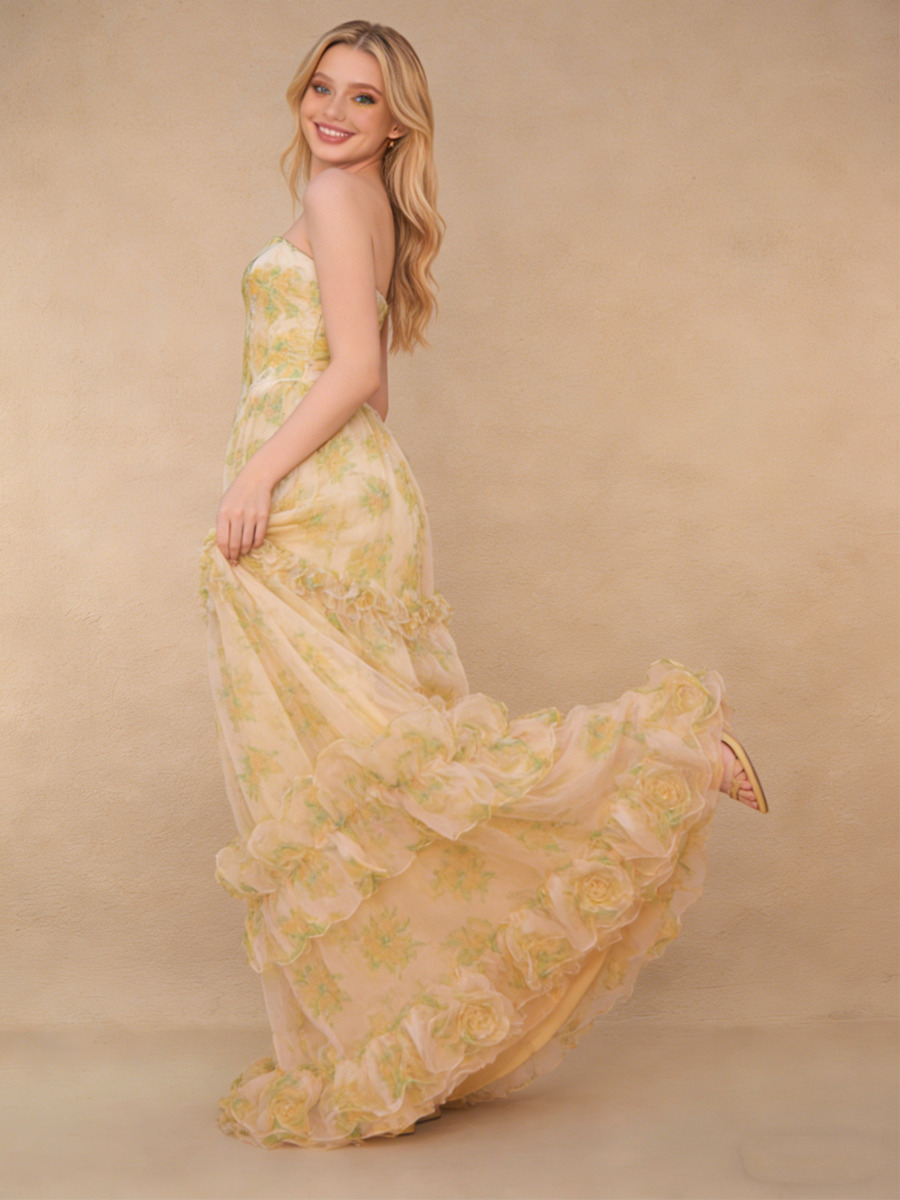 A-Line Strapless Floral Tulle Floor-Length Dress with Tiered Ruffled for Wedding Guest 