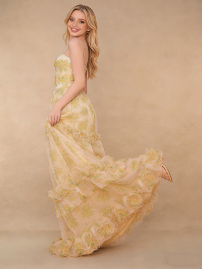 A-Line Strapless Floral Tulle Floor-Length Dress with Tiered Ruffled for Wedding Guest 