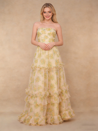 A-Line Strapless Floral Tulle Floor-Length Dress with Tiered Ruffled for Wedding Guest 