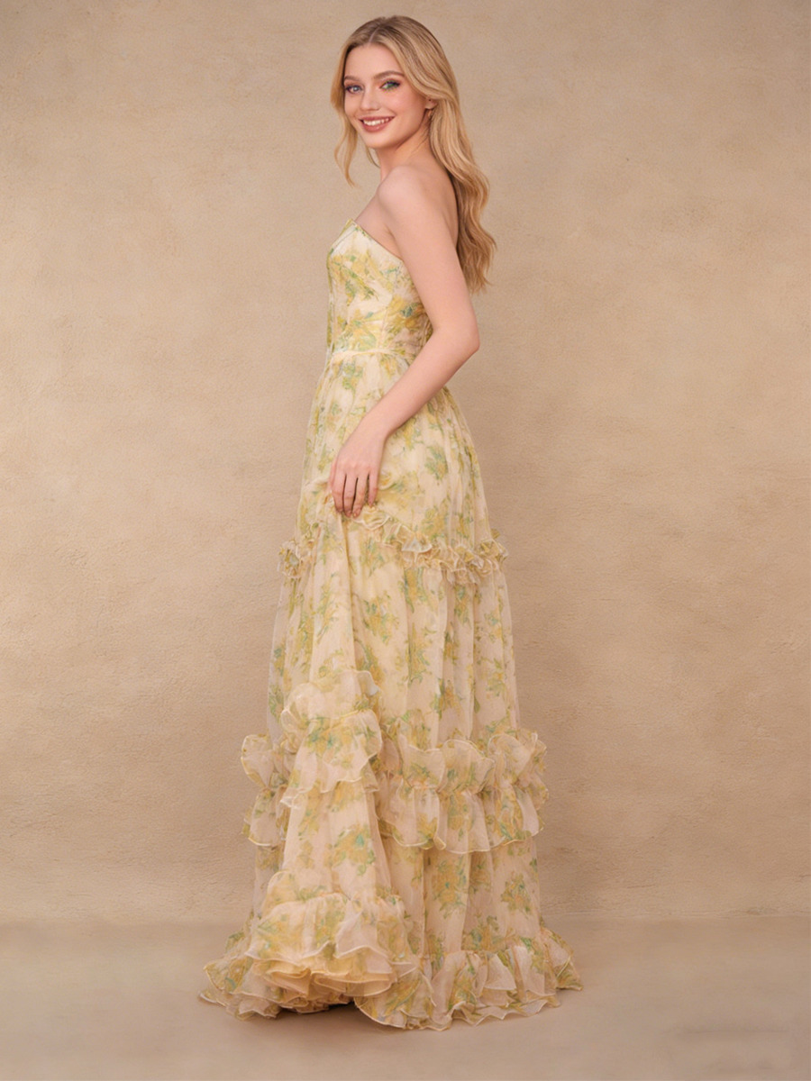 A-Line Strapless Floral Tulle Floor-Length Dress with Tiered Ruffled for Wedding Guest 