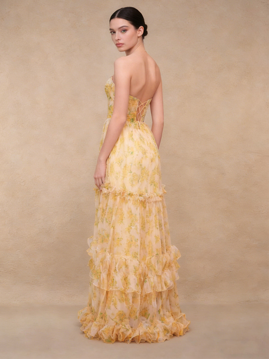 A-Line Strapless Floral Tulle Floor-Length Dress with Tiered Ruffled for Wedding Guest 