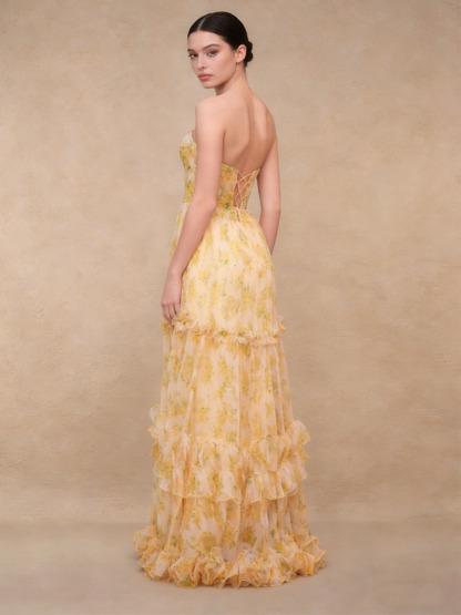 A-Line Strapless Floral Tulle Floor-Length Dress with Tiered Ruffled for Wedding Guest 