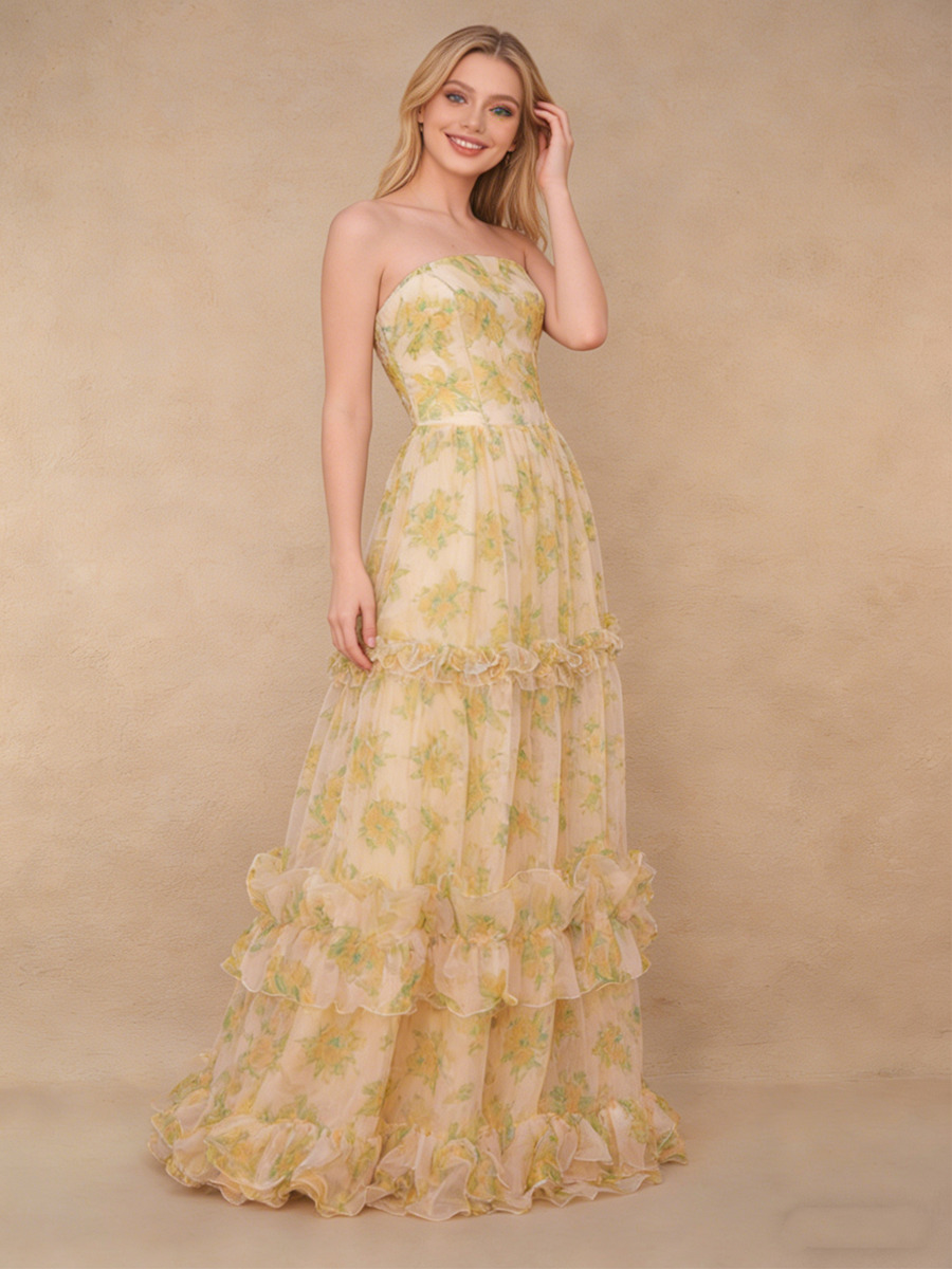 A-Line Strapless Floral Tulle Floor-Length Dress with Tiered Ruffled for Wedding Guest 