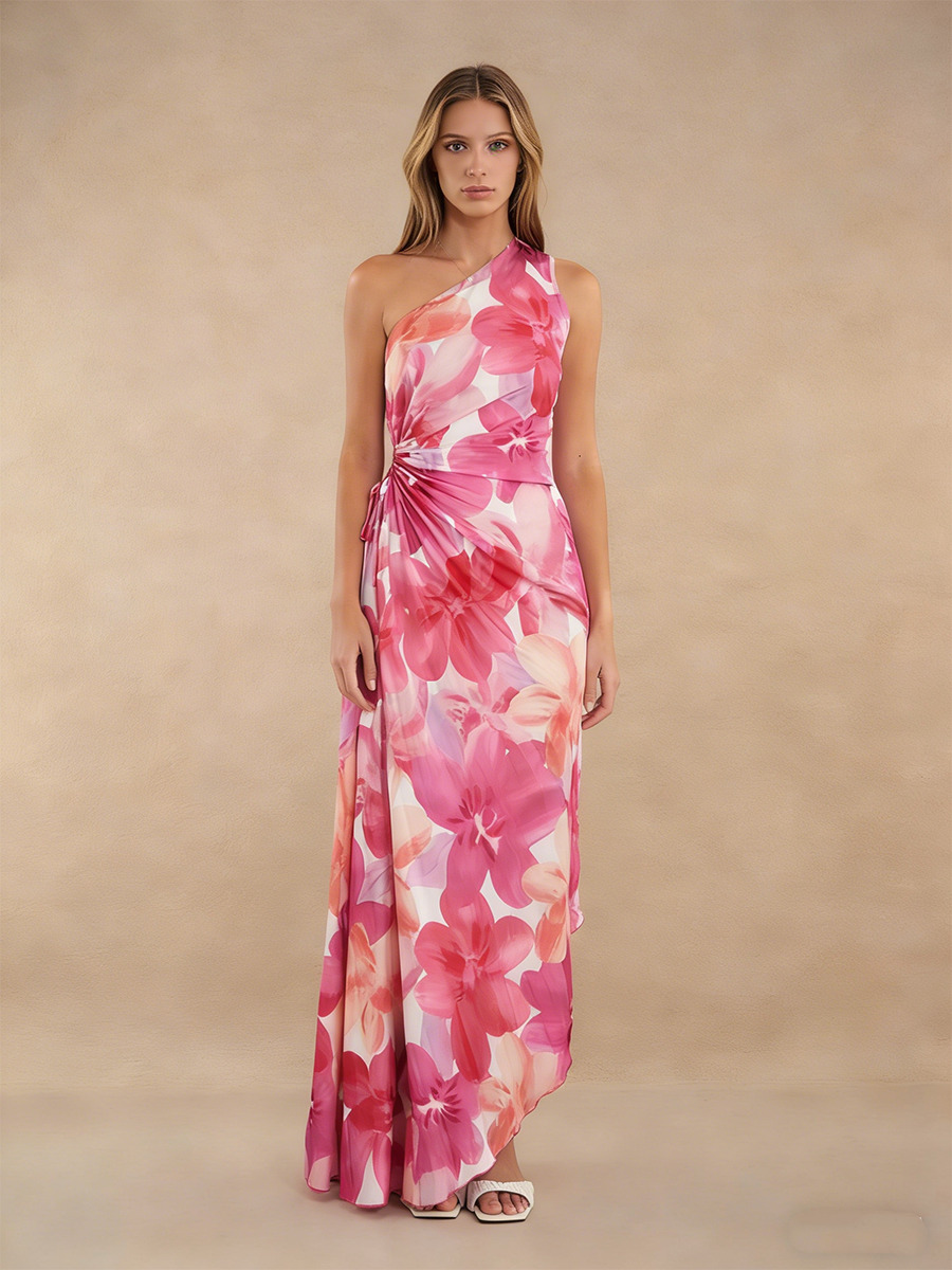 Sheath One-Shoulder Floral Satin Floor-Length Dress with Ruched Side Detail for Wedding Guest