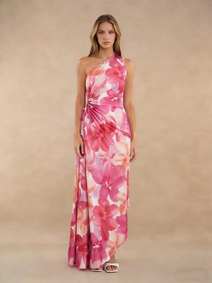 Sheath One-Shoulder Floral Satin Floor-Length Dress with Ruched Side Detail for Wedding Guest