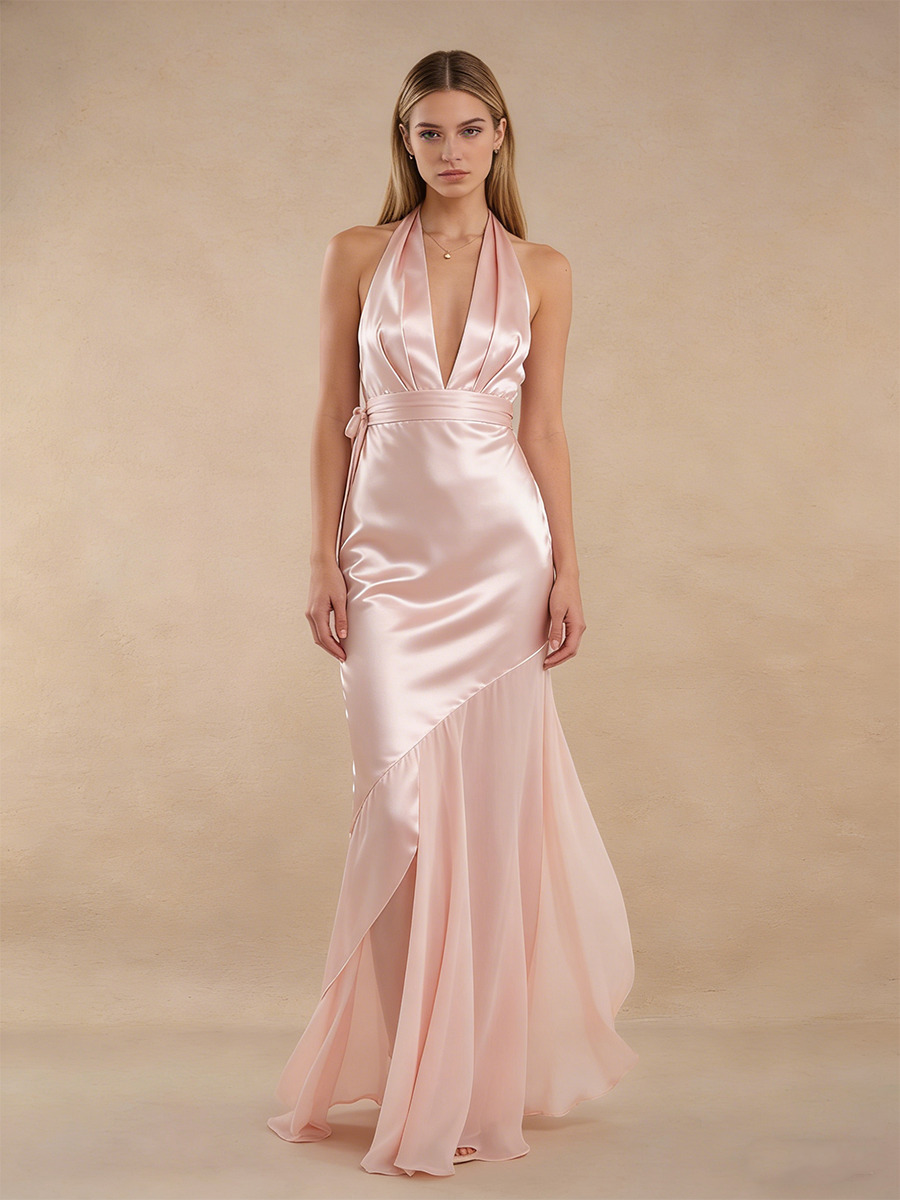 Mermaid Halter V-Neck Satin Floor-Length Dress with Asymmetric Ruffled for Wedding Guests