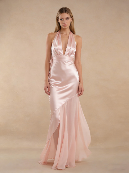 Mermaid Halter V-Neck Satin Floor-Length Dress with Asymmetric Ruffled for Wedding Guests