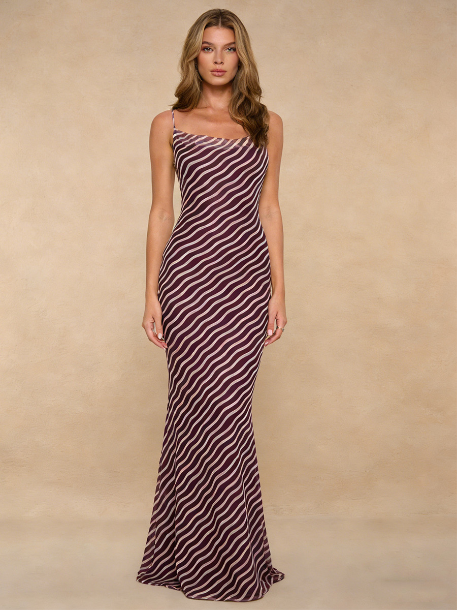 Mermaid Square Neck Striped Satin Floor-Length Dress with Spaghetti Straps for Wedding Guests