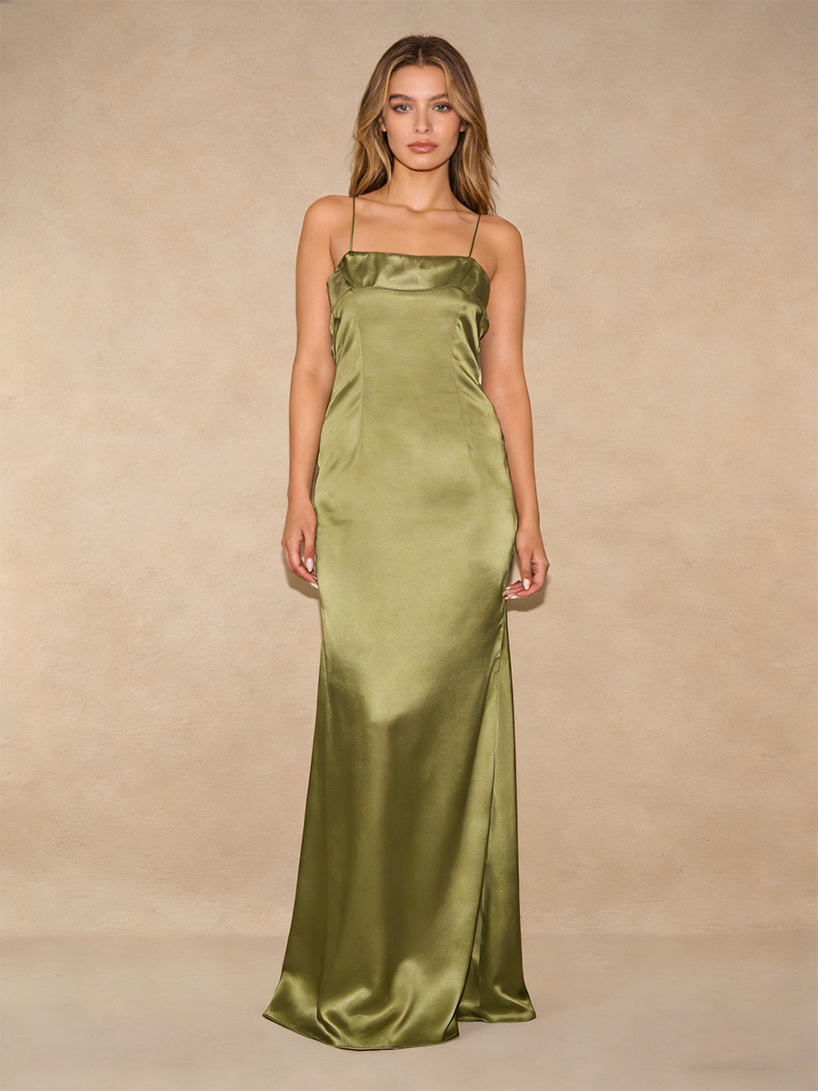Sheath Square Neck Satin Floor-Length Dress with Spaghetti Straps for Wedding Guests