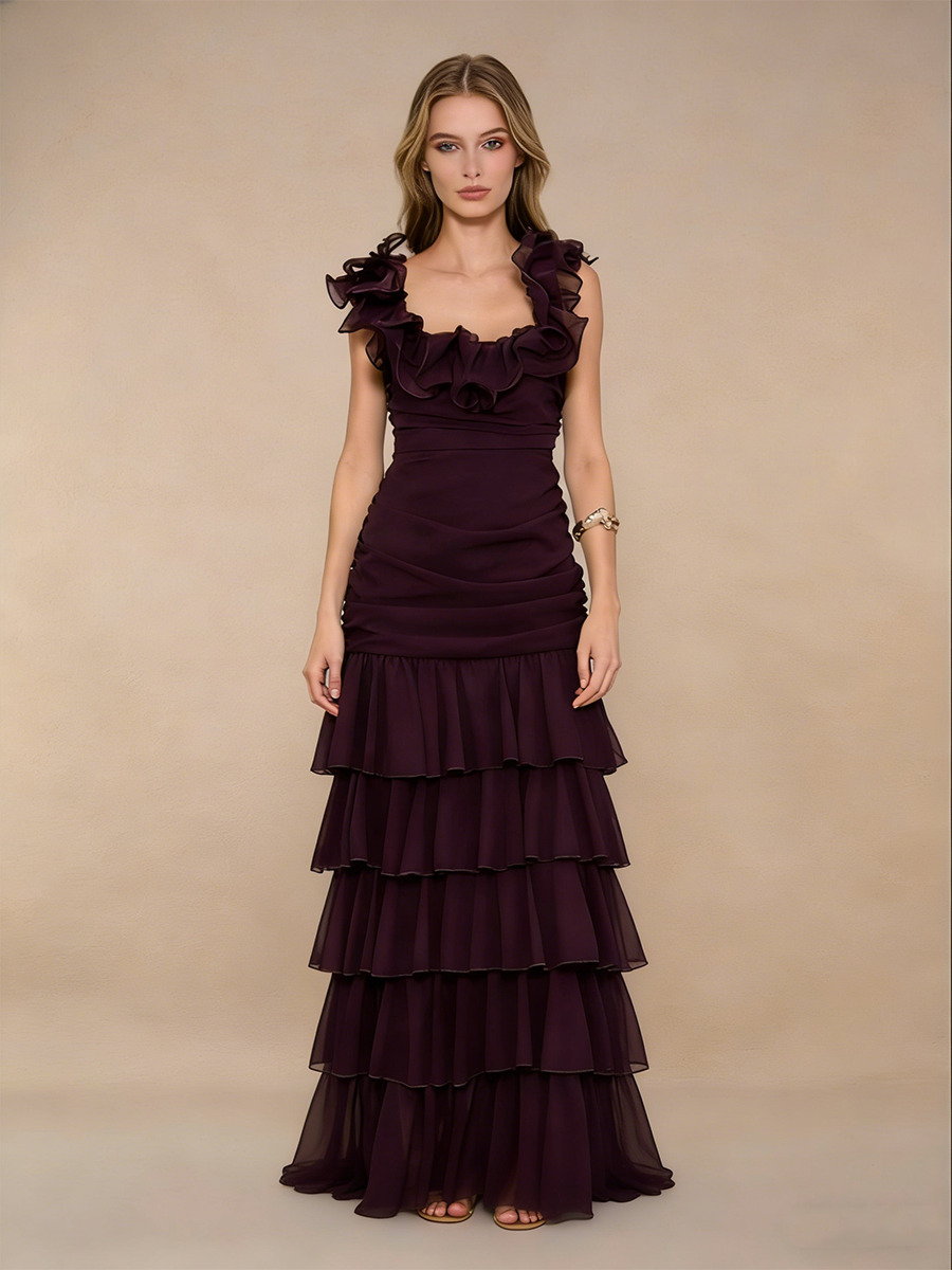 Trumpet Sweetheart Neck Chiffon Floor-Length Dress with Ruffled Straps & Tiered for Wedding Guests