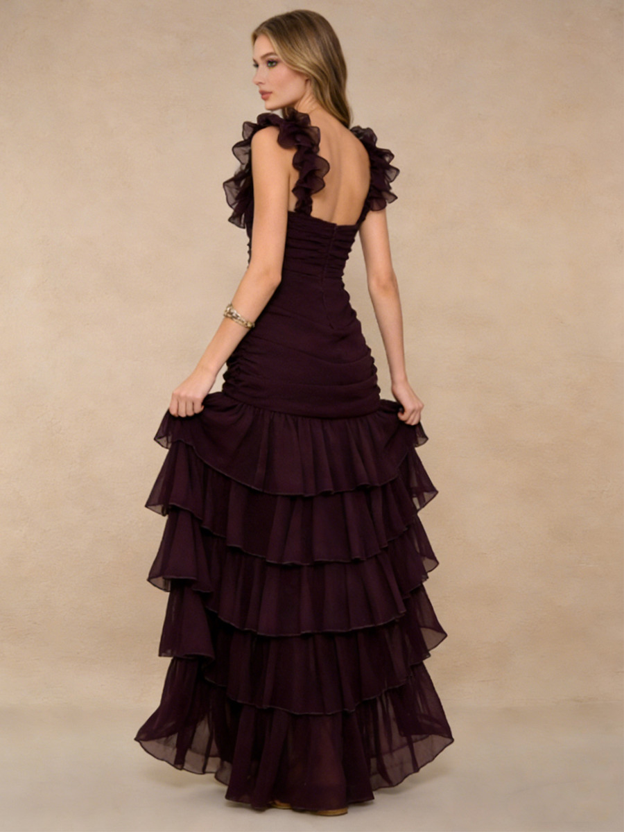 Trumpet Sweetheart Neck Chiffon Floor-Length Dress with Ruffled Straps & Tiered for Wedding Guests