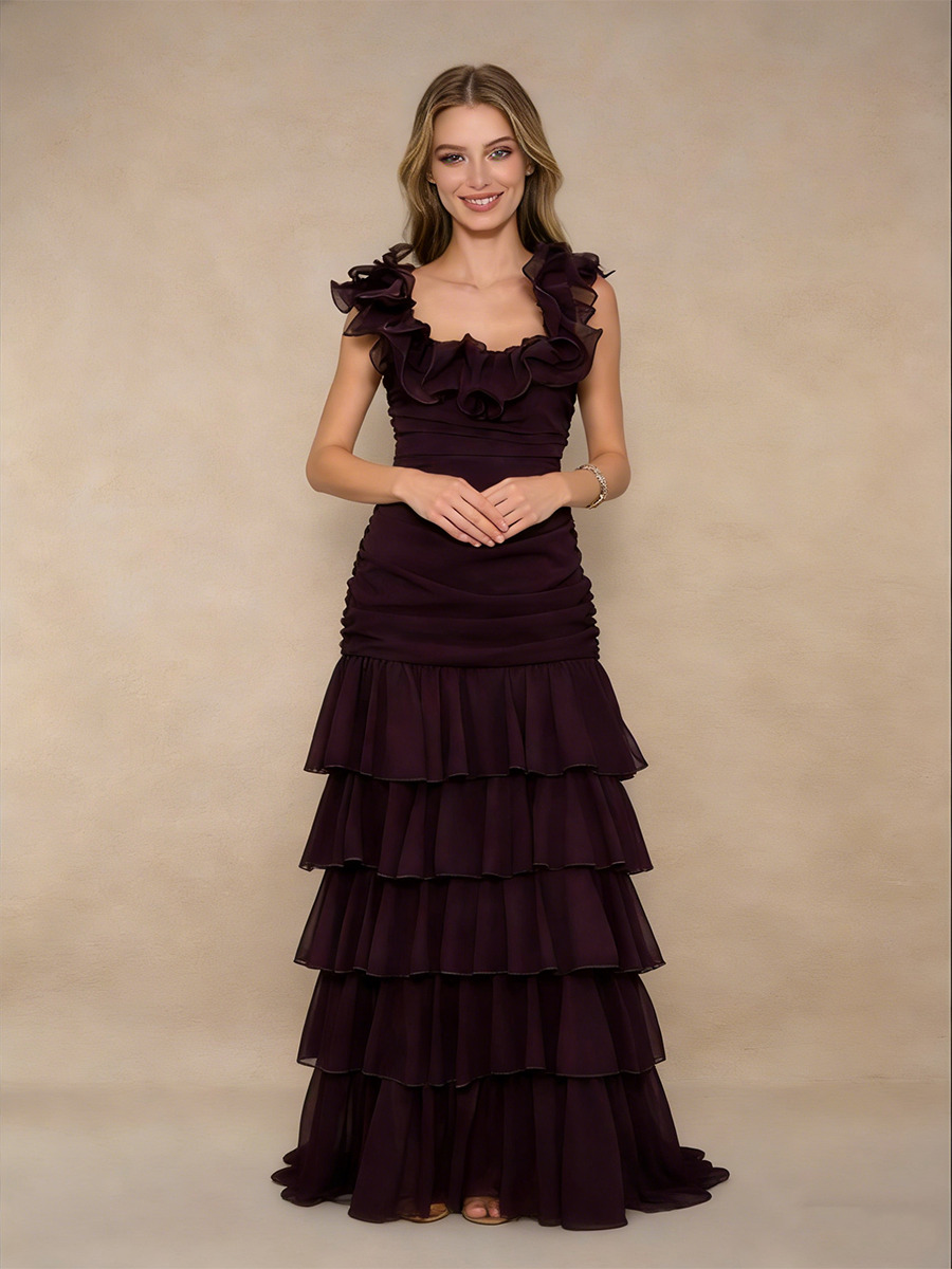 Trumpet Sweetheart Neck Chiffon Floor-Length Dress with Ruffled Straps & Tiered for Wedding Guests
