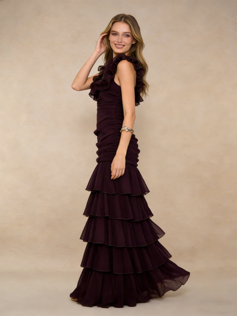 Trumpet Sweetheart Neck Chiffon Floor-Length Dress with Ruffled Straps & Tiered for Wedding Guests