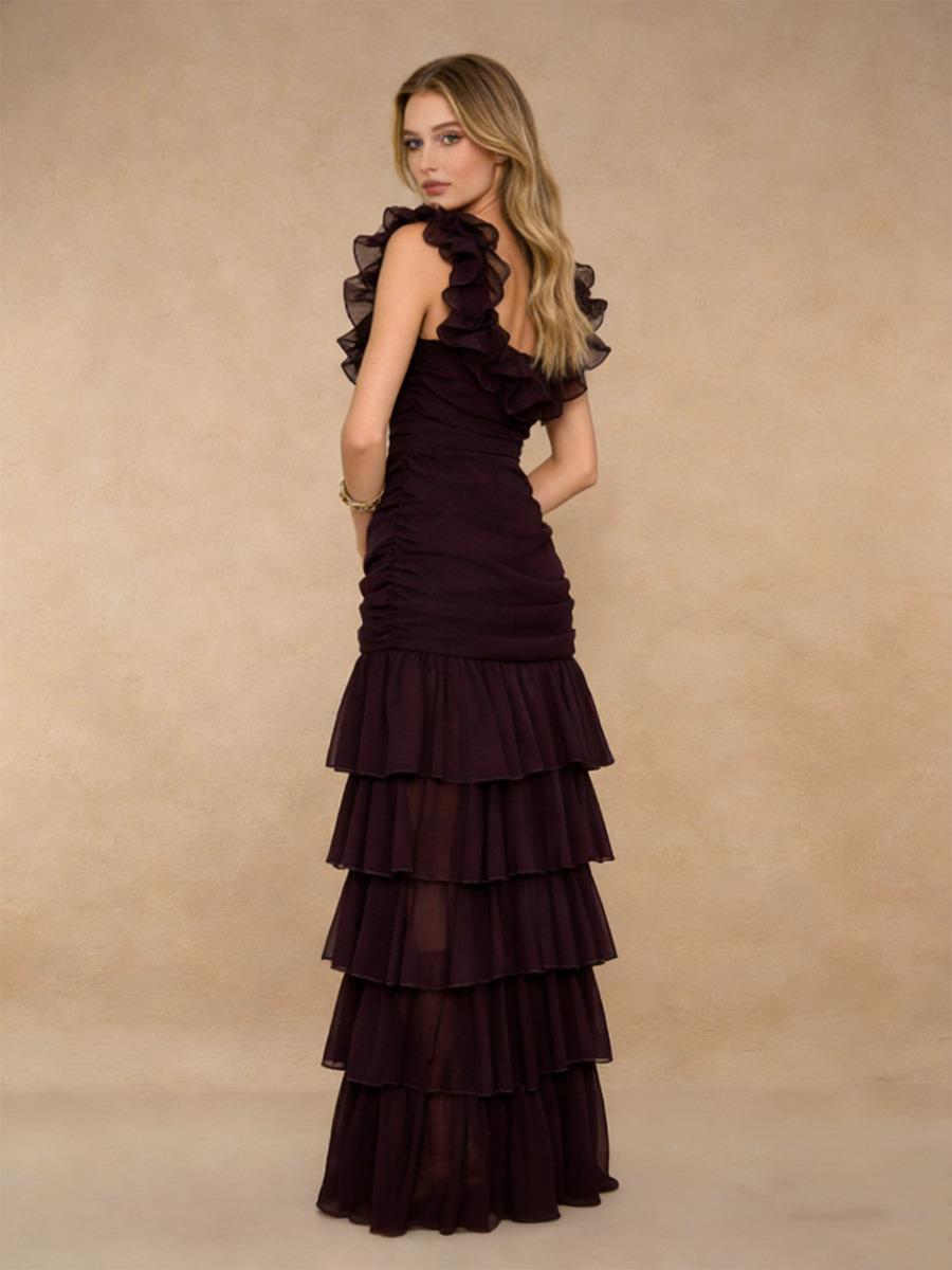 Trumpet Sweetheart Neck Chiffon Floor-Length Dress with Ruffled Straps & Tiered for Wedding Guests