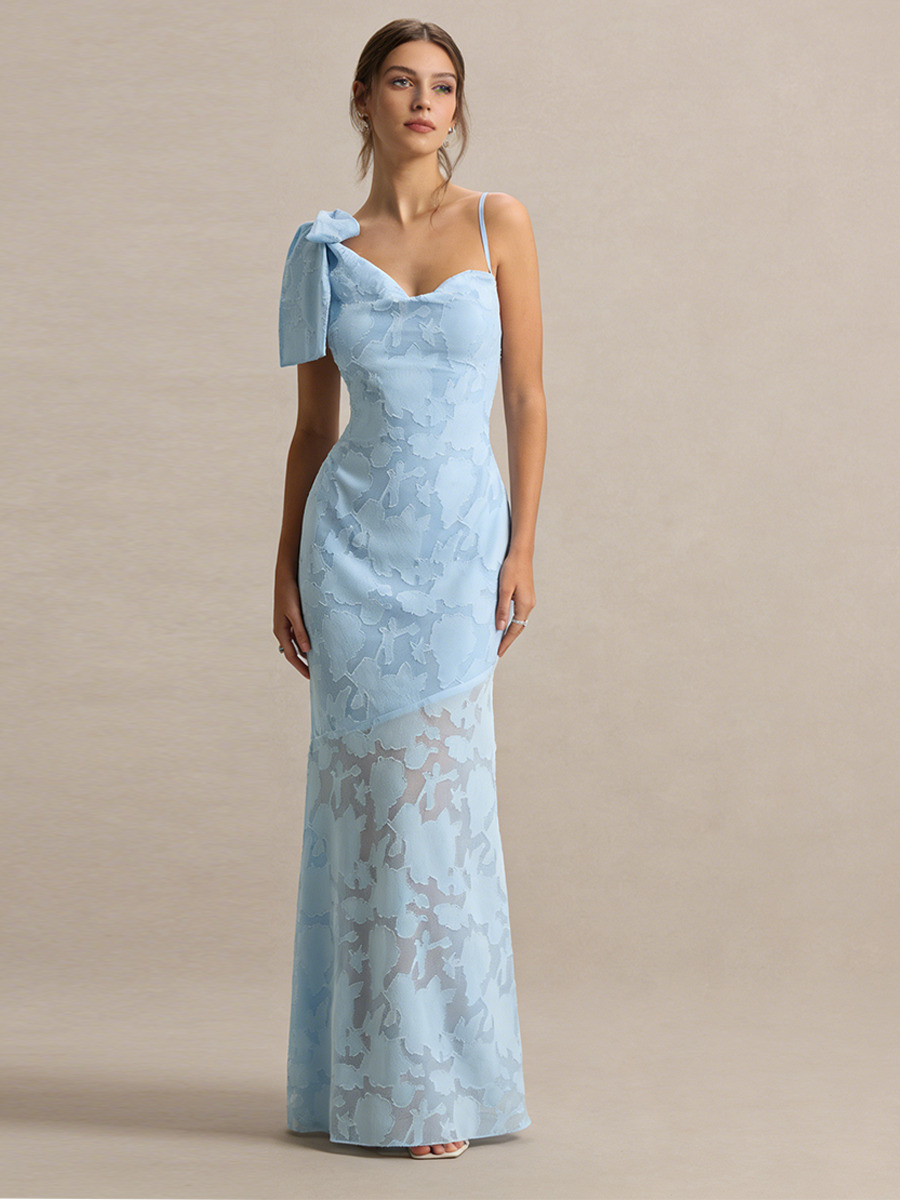 Mermaid Asymmetric Neck Floral Lace Floor-Length Dress with Bow Detail for Wedding Guests