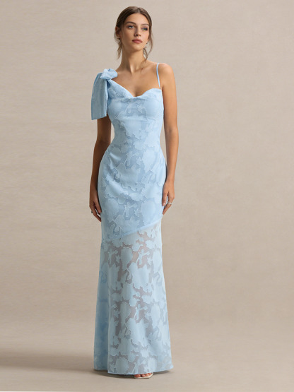 Mermaid Asymmetric Neck Floral Lace Floor-Length Dress with Bow Detail for Wedding Guests