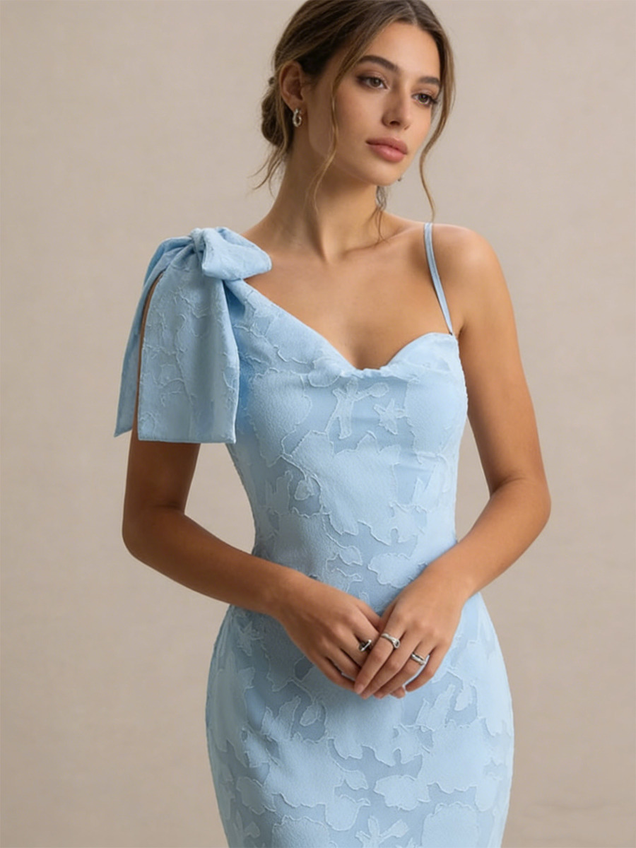 Mermaid Asymmetric Neck Floral Lace Floor-Length Dress with Bow Detail for Wedding Guests