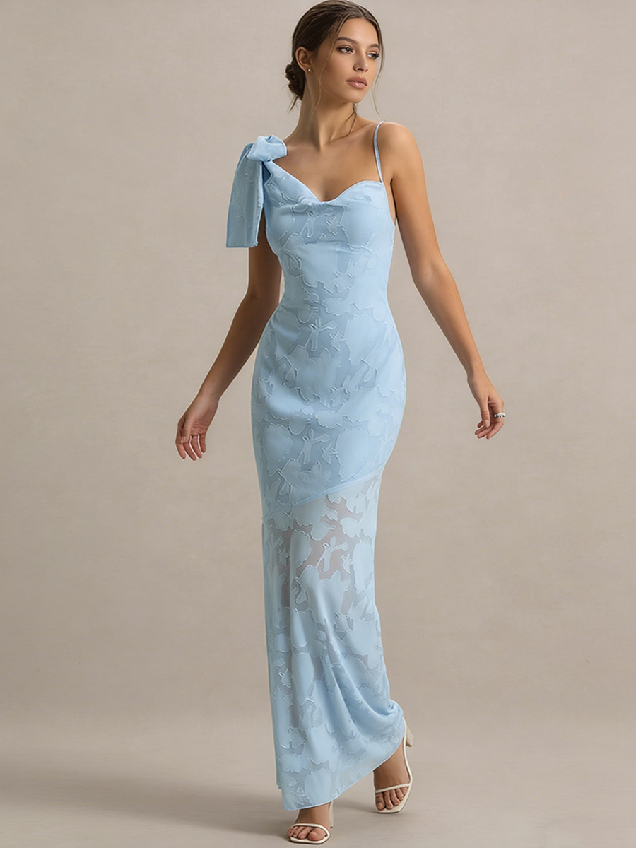 Mermaid Asymmetric Neck Floral Lace Floor-Length Dress with Bow Detail for Wedding Guests