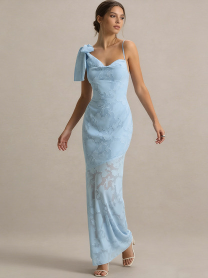 Mermaid Asymmetric Neck Floral Lace Floor-Length Dress with Bow Detail for Wedding Guests