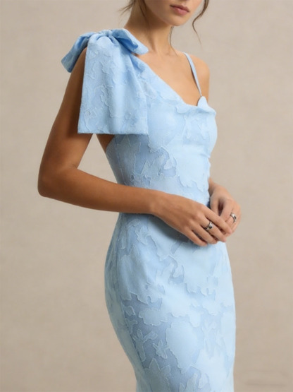 Mermaid Asymmetric Neck Floral Lace Floor-Length Dress with Bow Detail for Wedding Guests