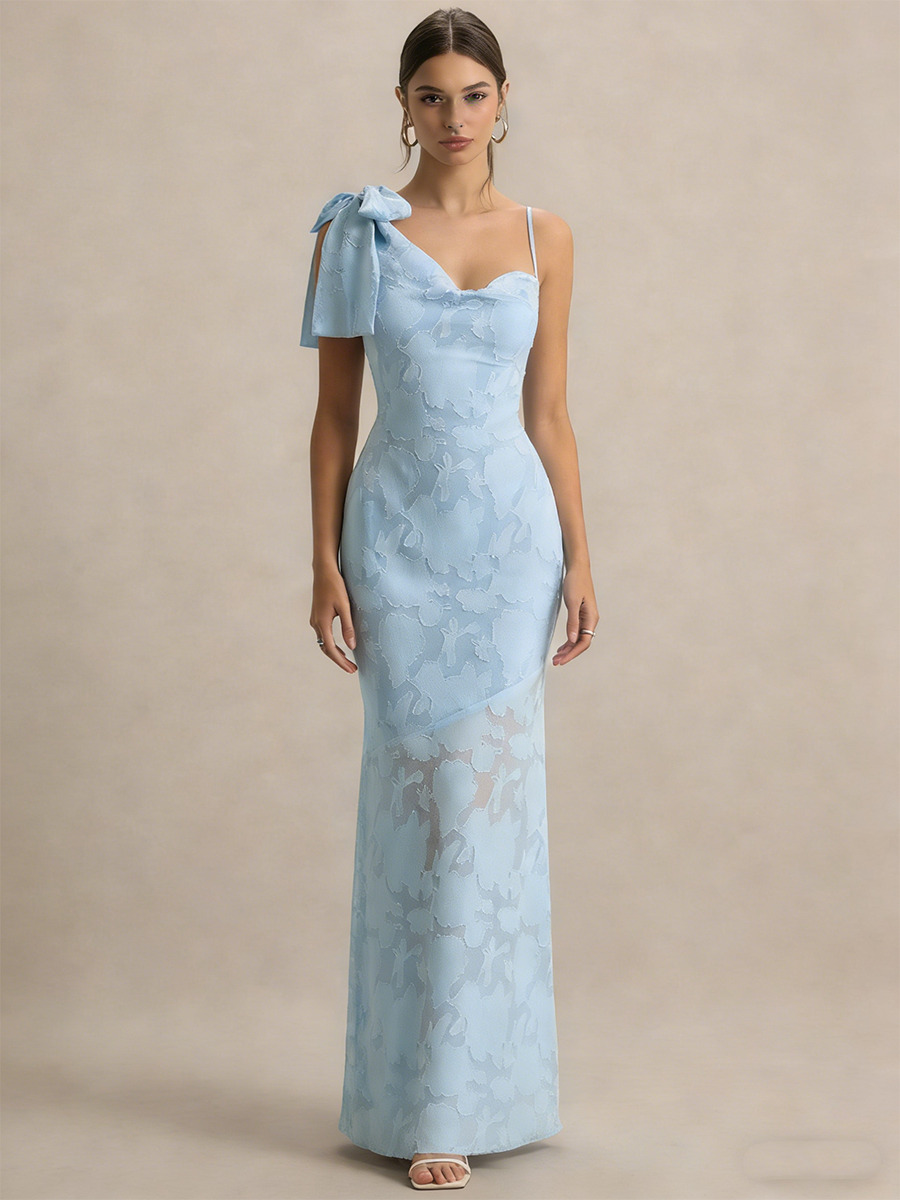 Mermaid Asymmetric Neck Floral Lace Floor-Length Dress with Bow Detail for Wedding Guests