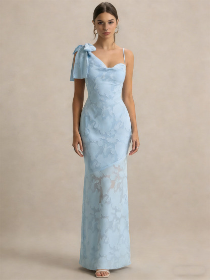 Mermaid Asymmetric Neck Floral Lace Floor-Length Dress with Bow Detail for Wedding Guests