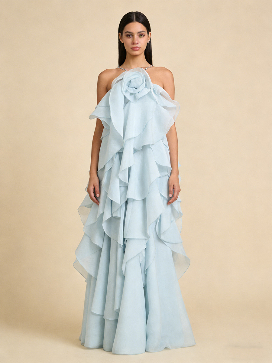 A-Line Halter Neck Chiffon Floor-Length Dress with 3D Rose & Tiered Ruffles for Wedding Guests