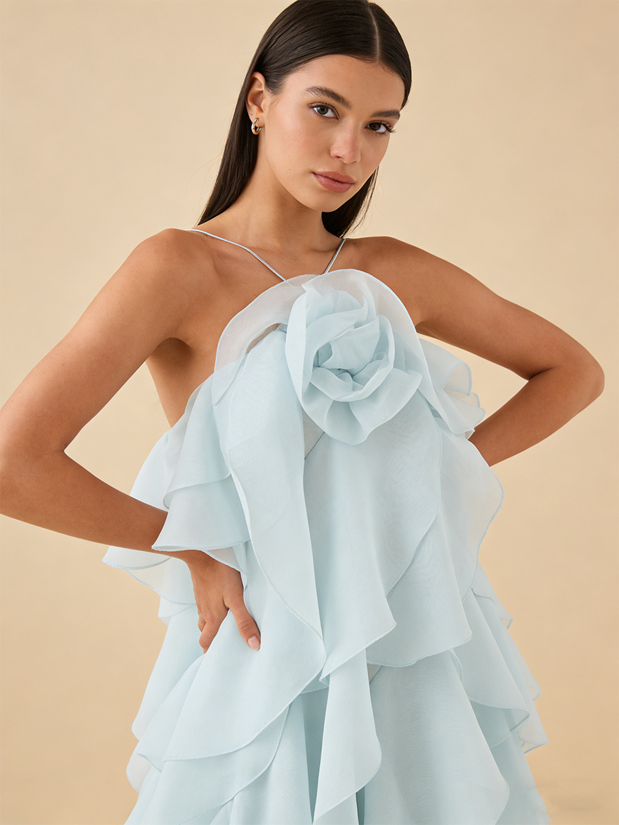 A-Line Halter Neck Chiffon Floor-Length Dress with 3D Rose & Tiered Ruffles for Wedding Guests