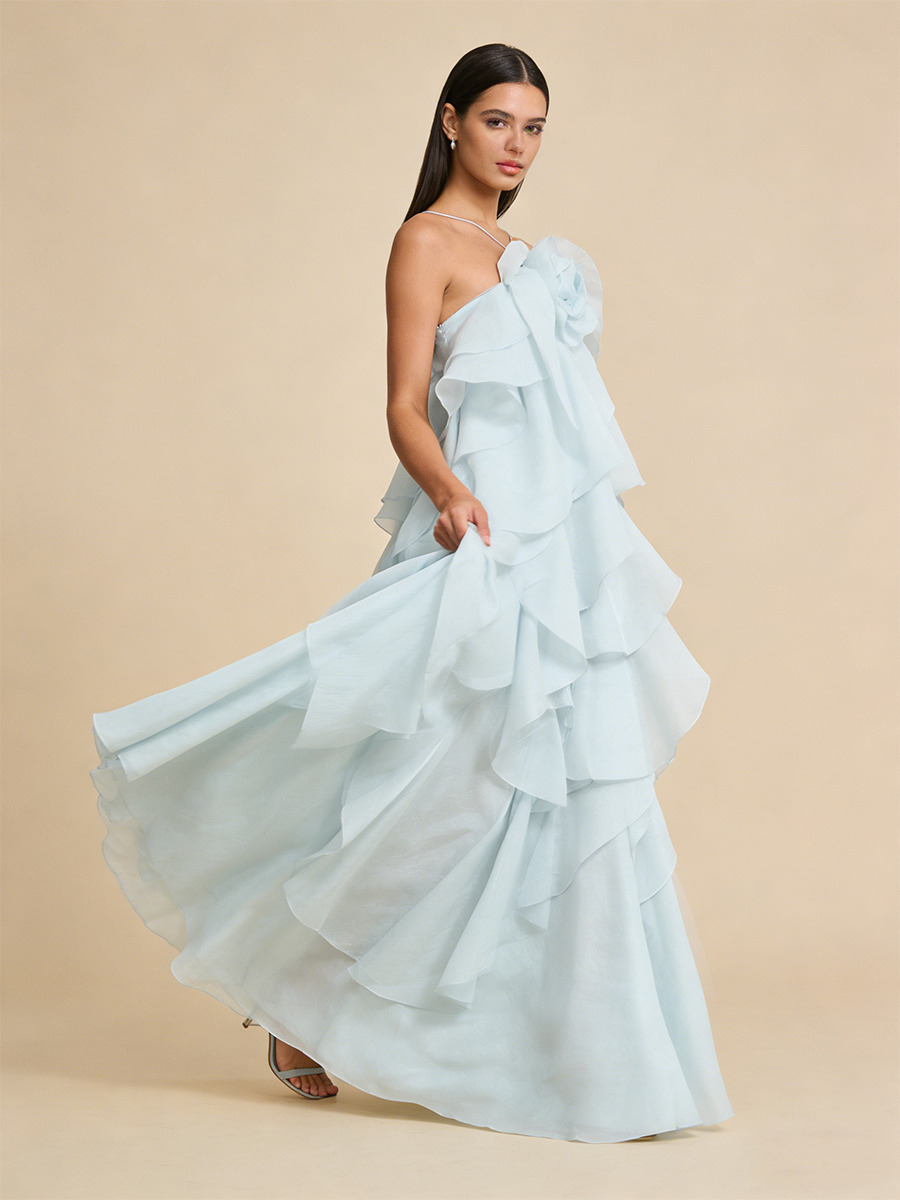 A-Line Halter Neck Chiffon Floor-Length Dress with 3D Rose & Tiered Ruffles for Wedding Guests