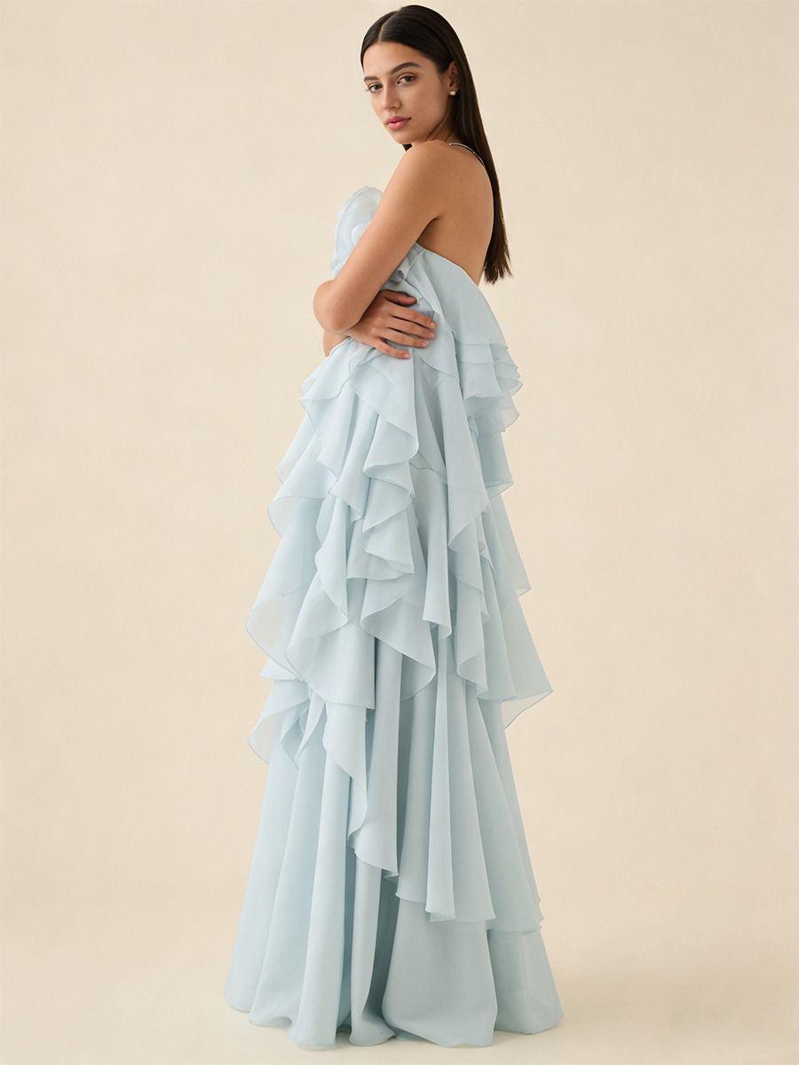 A-Line Halter Neck Chiffon Floor-Length Dress with 3D Rose & Tiered Ruffles for Wedding Guests