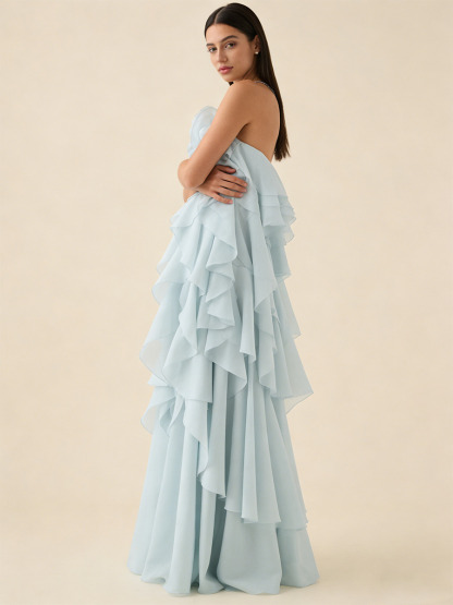 A-Line Halter Neck Chiffon Floor-Length Dress with 3D Rose & Tiered Ruffles for Wedding Guests