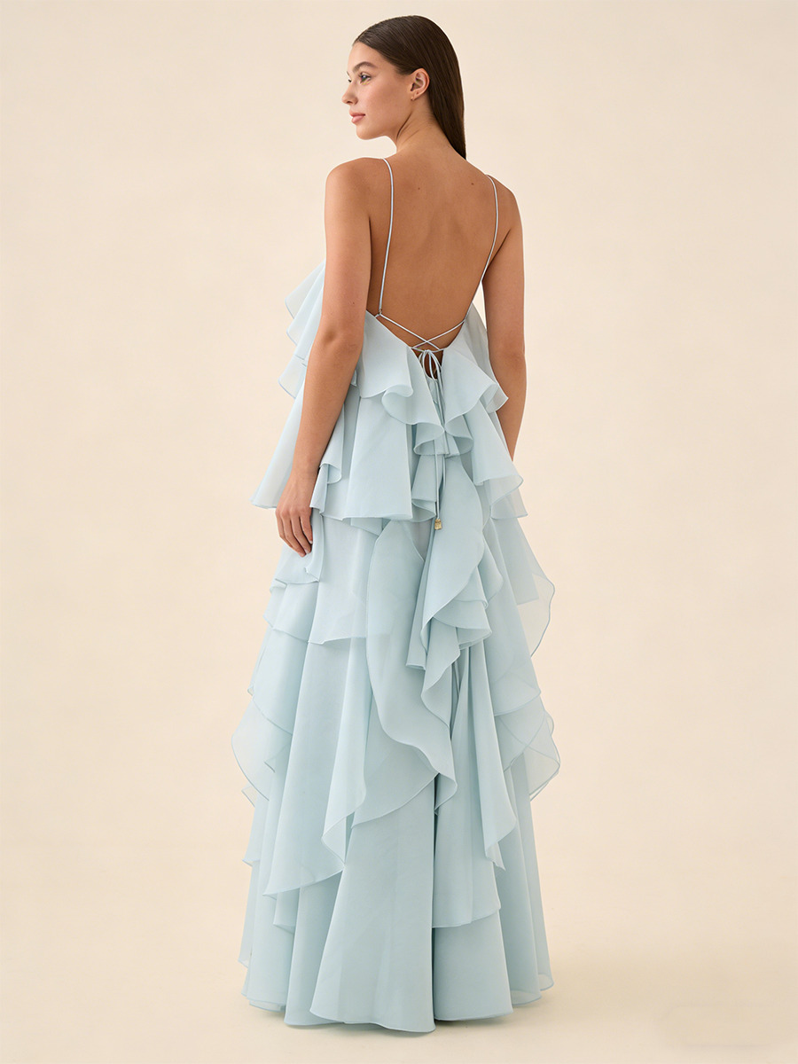 A-Line Halter Neck Chiffon Floor-Length Dress with 3D Rose & Tiered Ruffles for Wedding Guests