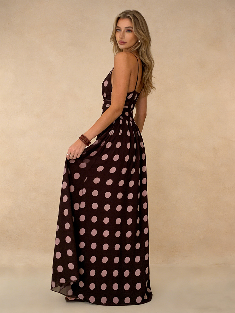 A-Line Halter V-Neck Polka Dot Floor-Length Dress with Wide-Leg Silhouette for Wedding Guest Dress
