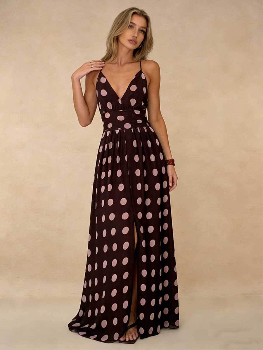 A-Line Halter V-Neck Polka Dot Floor-Length Dress with Wide-Leg Silhouette for Wedding Guest Dress