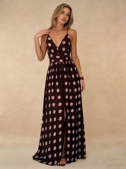A-Line Halter V-Neck Polka Dot Floor-Length Dress with Wide-Leg Silhouette for Wedding Guest Dress