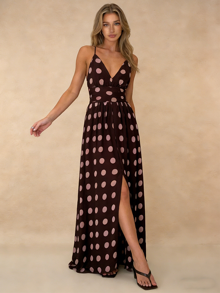 A-Line Halter V-Neck Polka Dot Floor-Length Dress with Wide-Leg Silhouette for Wedding Guest Dress