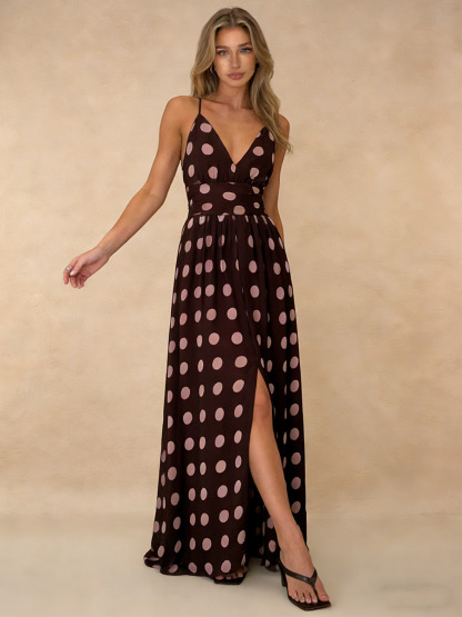 A-Line Halter V-Neck Polka Dot Floor-Length Dress with Wide-Leg Silhouette for Wedding Guest Dress