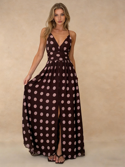 A-Line Halter V-Neck Polka Dot Floor-Length Dress with Wide-Leg Silhouette for Wedding Guest Dress