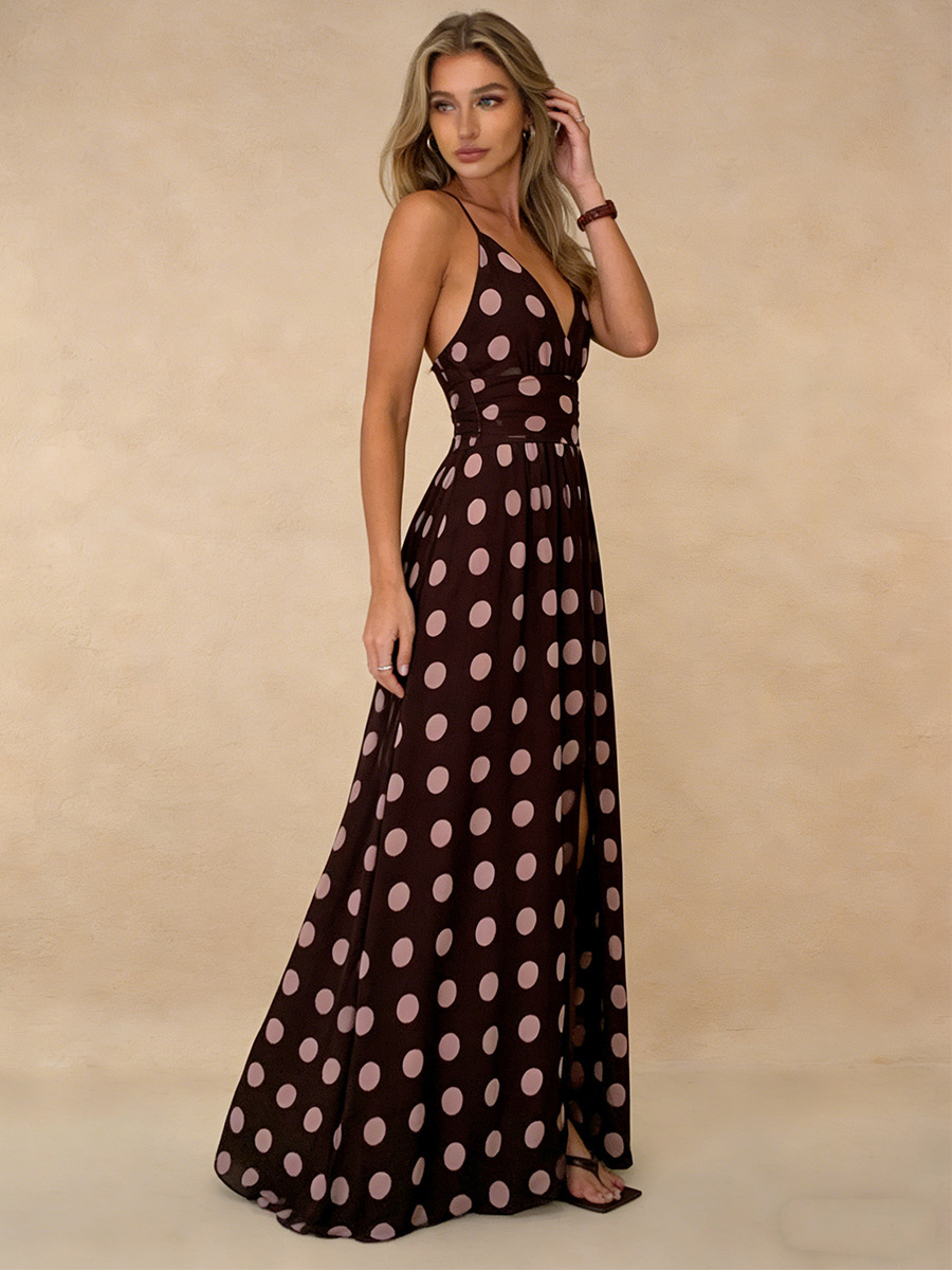 A-Line Halter V-Neck Polka Dot Floor-Length Dress with Wide-Leg Silhouette for Wedding Guest Dress