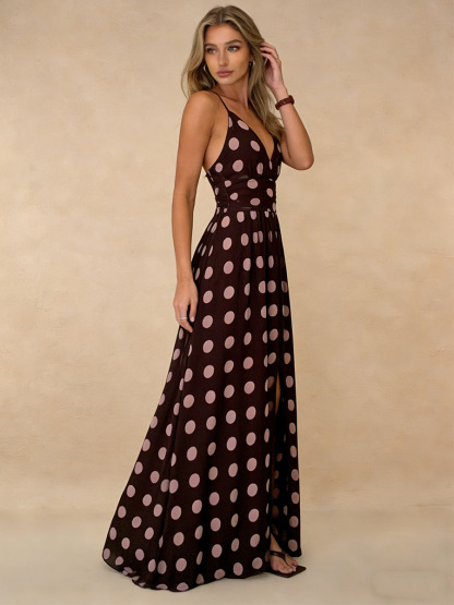 A-Line Halter V-Neck Polka Dot Floor-Length Dress with Wide-Leg Silhouette for Wedding Guest Dress