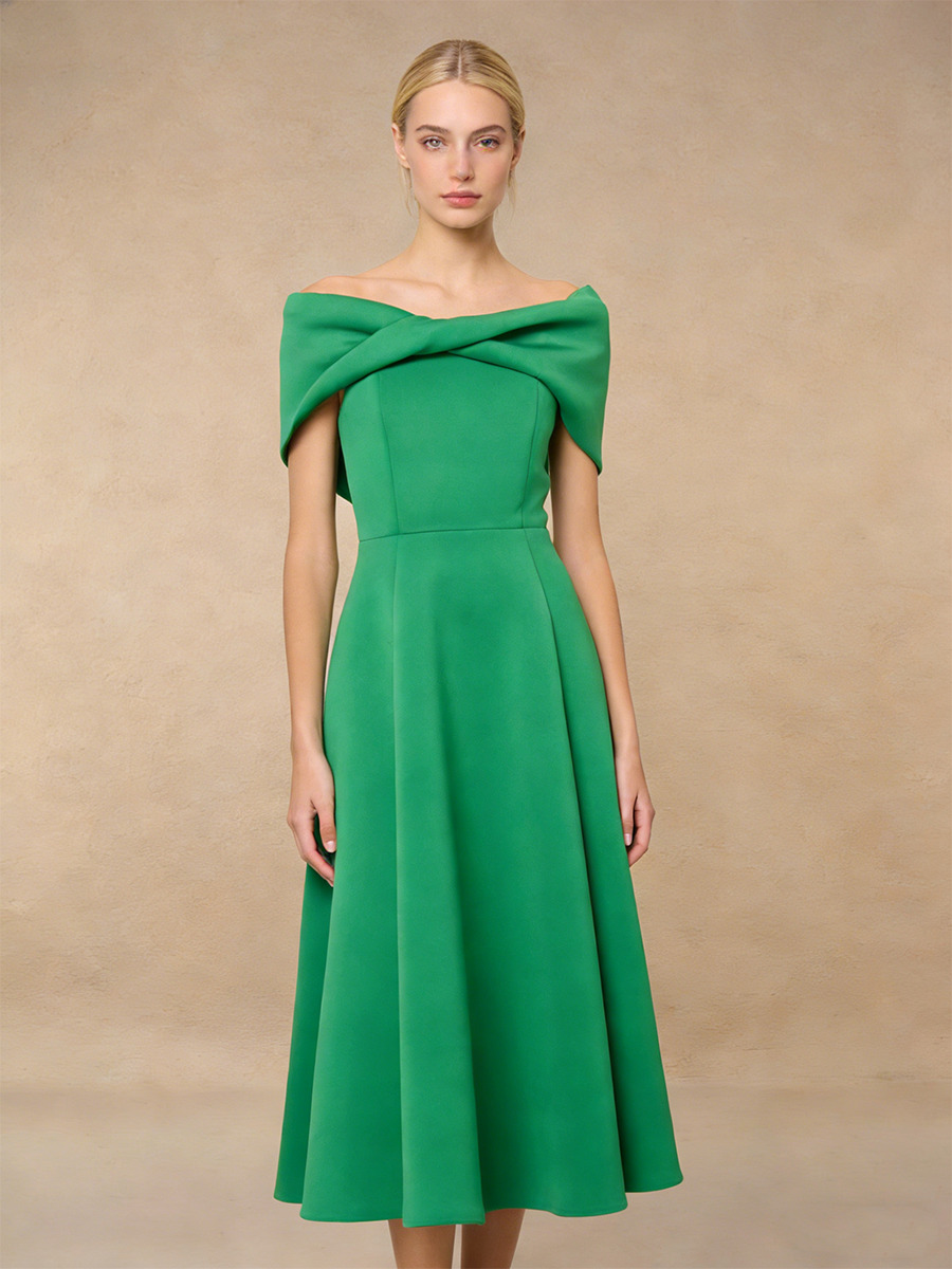 A-Line Off-the-Shoulder Crepe Midi Dress with Twist Neck Detail & Flared for Wedding Guest Dress