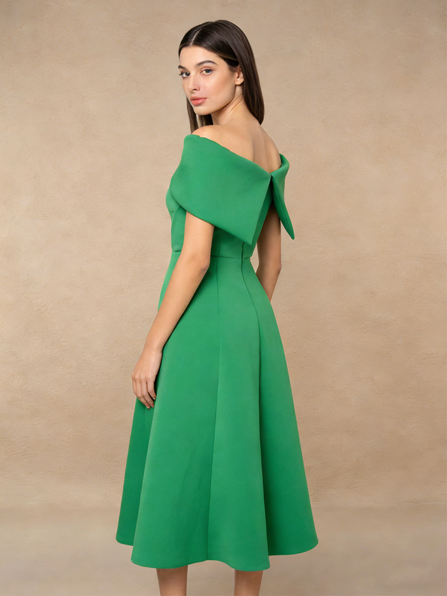A-Line Off-the-Shoulder Crepe Midi Dress with Twist Neck Detail & Flared for Wedding Guest Dress
