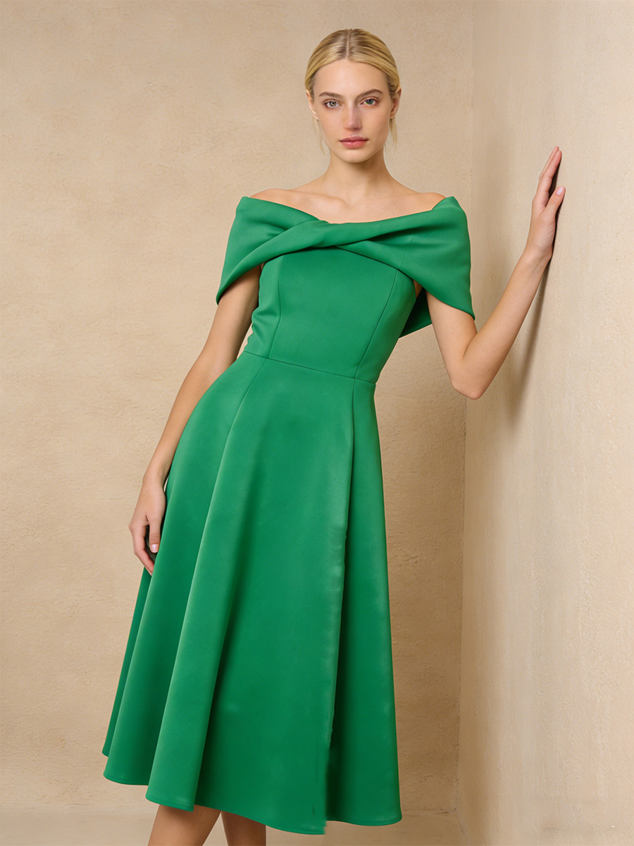 A-Line Off-the-Shoulder Crepe Midi Dress with Twist Neck Detail & Flared for Wedding Guest Dress