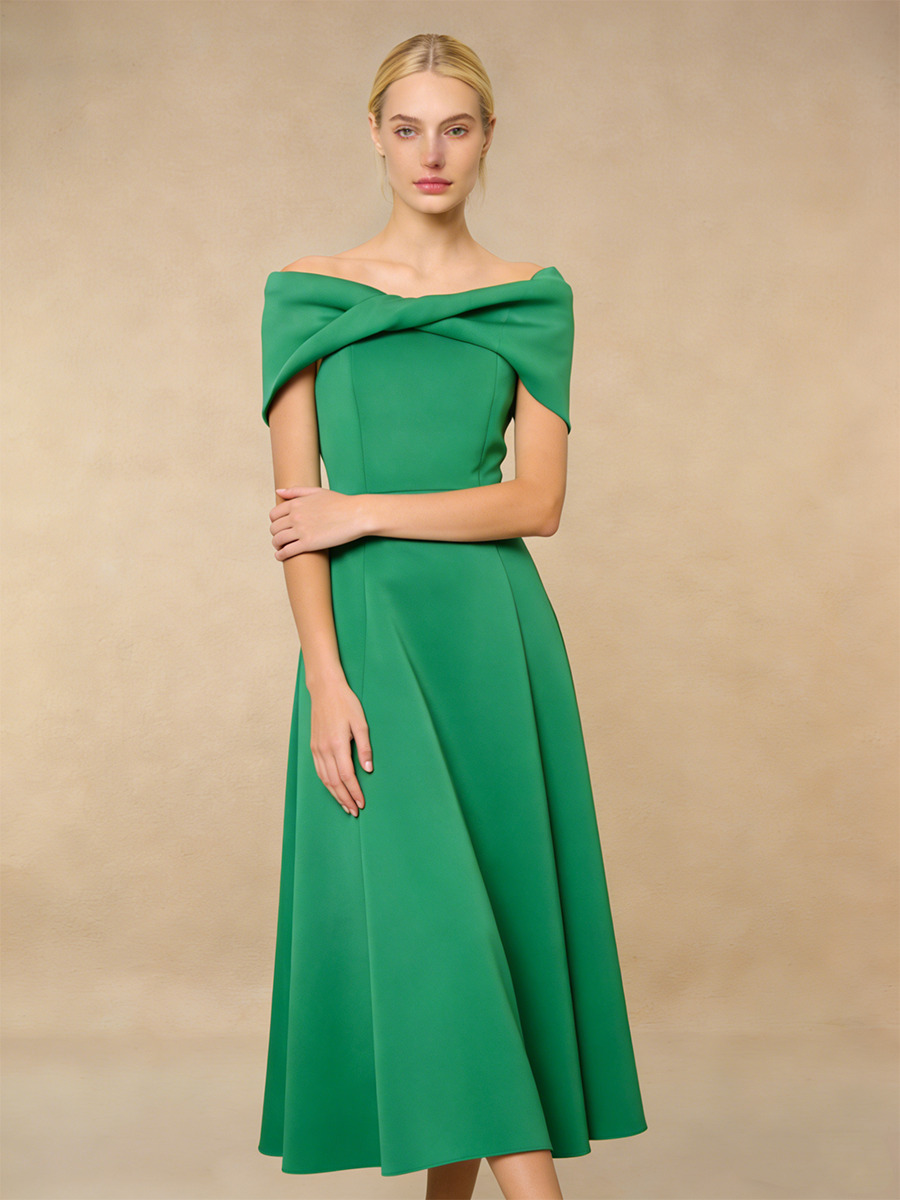 A-Line Off-the-Shoulder Crepe Midi Dress with Twist Neck Detail & Flared for Wedding Guest Dress
