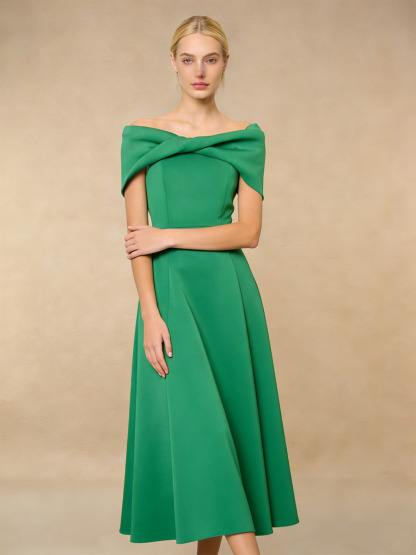 A-Line Off-the-Shoulder Crepe Midi Dress with Twist Neck Detail & Flared for Wedding Guest Dress