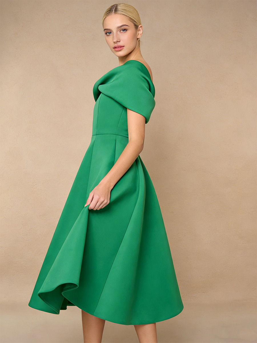 A-Line Off-the-Shoulder Crepe Midi Dress with Twist Neck Detail & Flared for Wedding Guest Dress