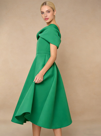 A-Line Off-the-Shoulder Crepe Midi Dress with Twist Neck Detail & Flared for Wedding Guest Dress